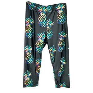 Womens Pineapple Print Capri Leggings Large Poly Spandex Blue Colorful Stretchy
